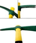 15 Inch Pick Mattock Hoe with forged steel head and fiberglass handle shown from different angles