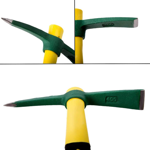 15 Inch Pick Mattock Hoe with forged steel head and fiberglass handle shown from different angles
