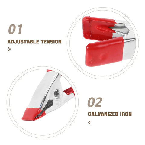 Super Sturdy 12 Piece Heavy Duty Metal Spring Clamps With Red Coated Jaws, Perfect For Woodworking Crafts Panel Fixing And DIY Household Projects That Rock. Adjustable tension galvanized iron spring clamps with red coated jaws shown close up.