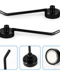 Six Pack Magnetic Hooks With Neodymium Magnets Strong Hold For Office Bathroom Kitchen And Fridge Great For Towels Grills Mugs And Gear On Cruise Ships Or At Home Garage Organization Three Inch Long Mini Hangers With One Point Seven Pound Capacity, showing black magnetic hooks from different angles.