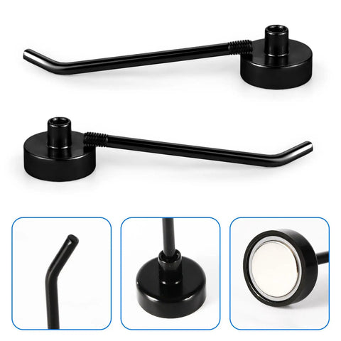 Six Pack Magnetic Hooks With Neodymium Magnets Strong Hold For Office Bathroom Kitchen And Fridge Great For Towels Grills Mugs And Gear On Cruise Ships Or At Home Garage Organization Three Inch Long Mini Hangers With One Point Seven Pound Capacity, showing black magnetic hooks from different angles.