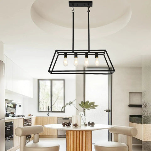 Matte Black Industrial 4 Light Pendant Lighting For Kitchen Island Linear Hanging Light Fixture With Adjustable Rods