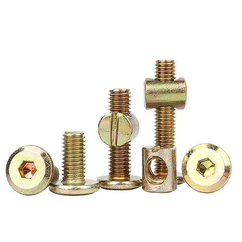 Kickstart Your Next Build With These Heavy Duty Furniture Screw And Nut Sets Featuring Horizontal Hole Hammer Nuts For Solid Wood Board Assembly Includes M6 Cross Dowel Connectors And Forty Total Pieces For Reliable Knock Together Success, showing various M6 threaded screws and nuts.