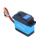 Heavy Duty 35Kg Digital Steering Servo For Rc Cars Featuring Waterproof Metal Gears at an angle showcasing wires and motor.