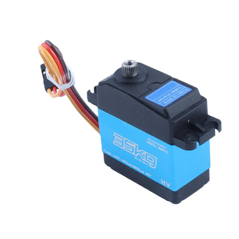Heavy Duty 35Kg Digital Steering Servo For Rc Cars Featuring Waterproof Metal Gears at an angle showcasing wires and motor.