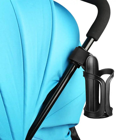 Universal Stroller Cup Holder With 360-Degree Swivel attached to stroller handle showing spill-proof design and easy installation.