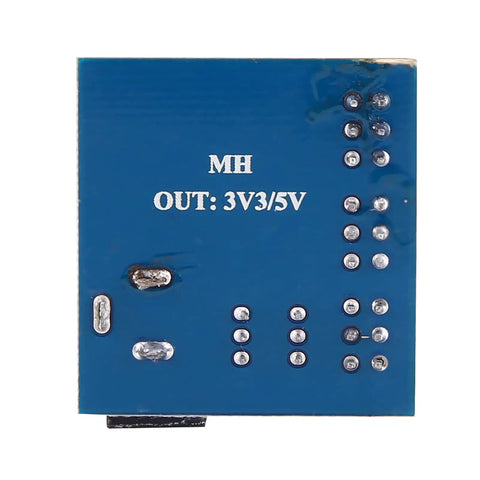 Back view of DC DC Buck Converter Module Step Down Power Supply 12V To 3.3V 5V And 12V Outputs, PCB mount, blue board with solder points.