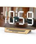 Slim Digital Mirror Alarm Clock With Gold Finish Dope LED Display reflecting living room, modern minimalist design, 6x3 inch size