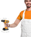 Person holding 21V Max Cordless Drill Kit With Three Eighths Inch Metal Chuck, visible size dimensions, orange and black design.