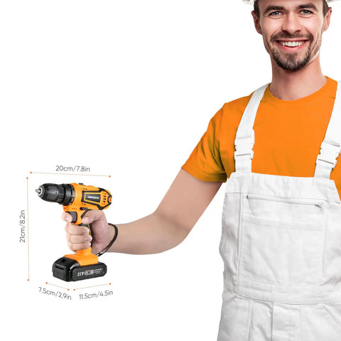 Person holding 21V Max Cordless Drill Kit With Three Eighths Inch Metal Chuck, visible size dimensions, orange and black design.