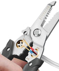 Close-up of 15 In 1 multifunctional Wire Stripper Decrustation Pliers Multi Tool with wire cutting and crimping features.