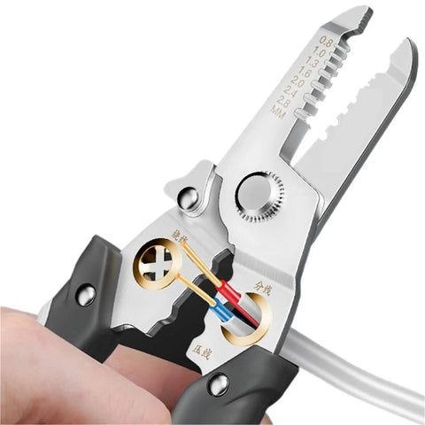 Close-up of 15 In 1 multifunctional Wire Stripper Decrustation Pliers Multi Tool with wire cutting and crimping features.