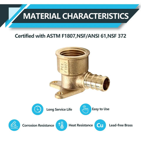 Top Shelf Lead Free Brass Pex Fittings 10 Pack 1/2 In Pex X 1/2 Female Npt Drop Ear Elbow with certifications and features.