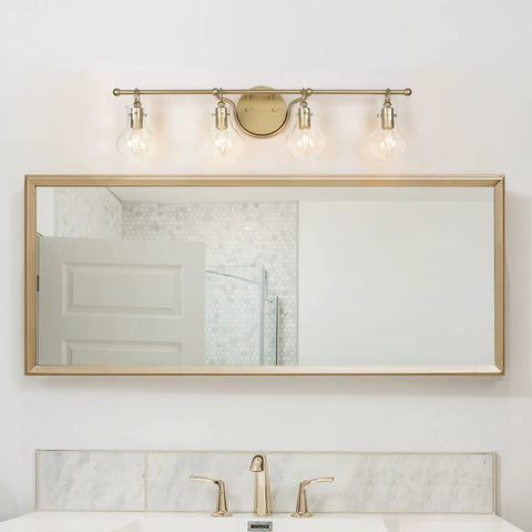 Gold Vanity Lights 4 Light Modern Bathroom Fixtures With Gourd Glass Shades above a mirror in a bathroom setting.