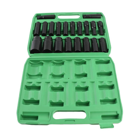 Top Tier Rustproof Electric Hex Key Socket Kit With Drill Adapter For Heavy Duty Jobs Made From Chrome Vanadium Steel Includes Wide Size Range To Power Through Any Tough Bolt Or Nut On Site Today. 20-piece black hex socket set in green case