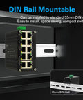 Industrial 10 Port Gigabit Ethernet Switch With 10 100 1000BaseT RJ45 Ports DIN Rail Mount installed on 35mm rail