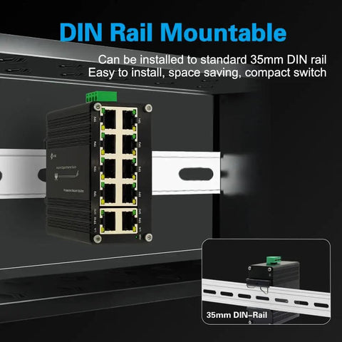 Industrial 10 Port Gigabit Ethernet Switch With 10 100 1000BaseT RJ45 Ports DIN Rail Mount installed on 35mm rail