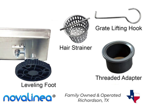 Components of 30 Inch Linear Shower Drain With Tile Insert Grate And Hair Strainer Includes Leveling Feet 2 Inch Center Outlet