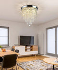 Four Light Mini Crystal Chandelier, Modern Flush Mount Ceiling Light, 11.8 Inch Diameter By 12.2 Inch Height in a living room setting