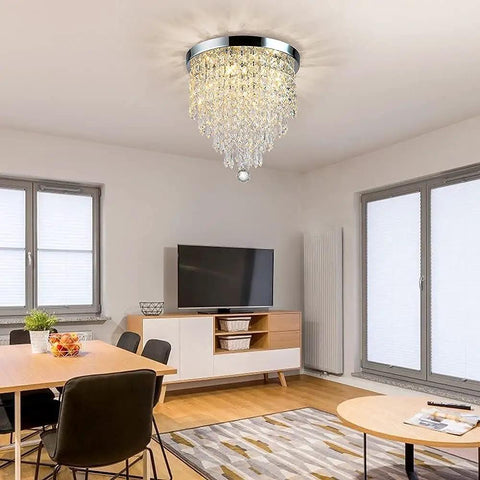 Four Light Mini Crystal Chandelier, Modern Flush Mount Ceiling Light, 11.8 Inch Diameter By 12.2 Inch Height in a living room setting