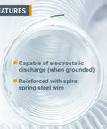 Features of Top Shelf 2.5 By 20 Foot Flexible Dust Collection Hose with electrostatic discharge and steel wire reinforcement.