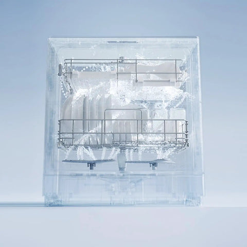 Compact Countertop Dishwasher Five Place Settings Fully Automatic with front opening and triple filter, shown cleaning dishes.