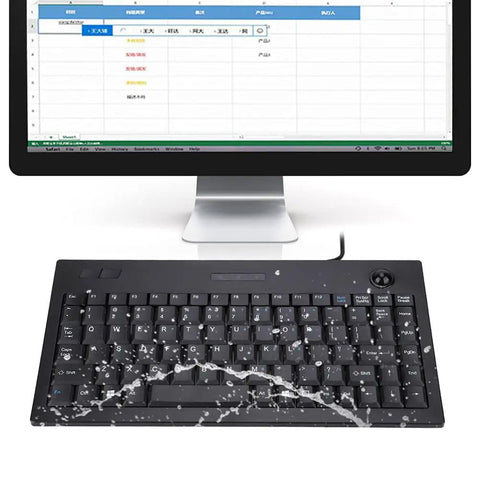 Heavy Duty Wired USB Keyboard With Eighty Eight Keys Dead Silent Business Keypad For Quick Data Entry Or Chill Gaming Sessions Bulletproof Design Plug And Play Ready shown with water splash effect, ideal for office and gaming use.