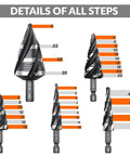 Five different Four Spiral Flute HSS Step Drill Bit Set Metric 4mm To 35mm Unibit For Aluminum Wood Plastic Metal, step details shown.