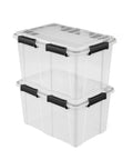 Built To Last Clear Storage Bins 54 Quart 2 Pack, stackable plastic totes, waterproof containers with tight lids.