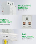 Silent Heavy Duty 40A AC DC Contactor 2 Pole 2NO With 120V Coil indicating window, tunnel interface, and rail mounting features.