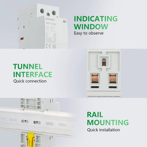 Silent Heavy Duty 40A AC DC Contactor 2 Pole 2NO With 120V Coil indicating window, tunnel interface, and rail mounting features.