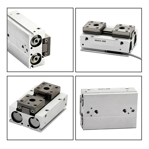 Heavy Duty Low Profile Air Cylinder And Parallel Gripper Compatible With Mhf Series Systems Smooth Rail Slide Action Solid Linear Motion Control Built Tough For Serious Industrial Workloads That Never Skip A Beat