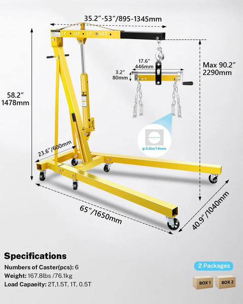 Heavy Duty Bad Boy Hydraulic Shop Crane Doubles As An Engine Hoist With Six Rolling Casters dimensions and specifications image.