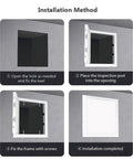 Installation method for Rock Solid 2 Pack 12X12 Inch Metal Access Panels showing steps for framing and securing.