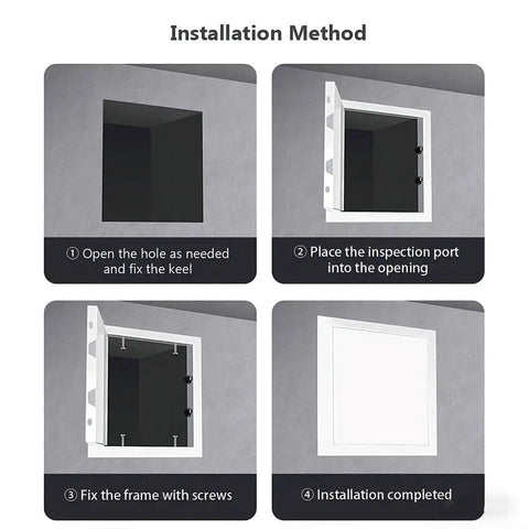 Installation method for Rock Solid 2 Pack 12X12 Inch Metal Access Panels showing steps for framing and securing.