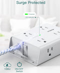 Close-up of 10 Foot Surge Protector Power Strip With 8 AC Outlets And 4 USB Ports Including USB C Three Side Outlet Extender Flat Plug, showing LED indicator and switch.