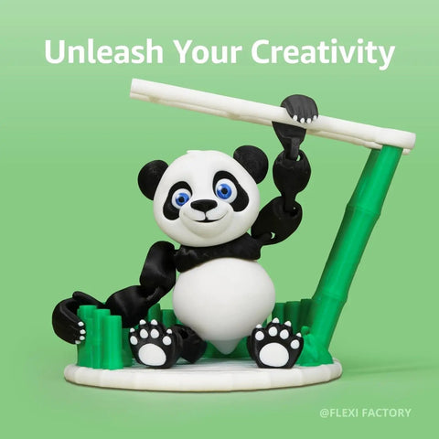 3D printed panda bear figurine on green background with text 'Unleash Your Creativity,' made using Premium PLA Filament 1.75mm 1kg Matte Pumpkin Orange for 3D Printing Dope Color, Easy Print With Low Warping And Strong Layer Adhesion, Great For Beginners And Pros.