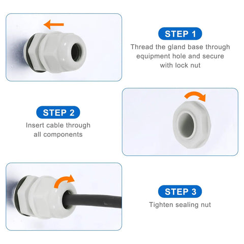 Installation steps for Five Pack PG29 Cable Glands, Adjustable 18-25mm, PA6 Nylon, IP68 Waterproof Connectors With Seals, White.