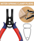 Miter Spring Clamps Kit For Woodworking With Pliers And Carabiner showing spring clamp pliers and example use on wood trim.