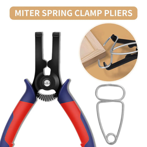 Miter Spring Clamps Kit For Woodworking With Pliers And Carabiner showing spring clamp pliers and example use on wood trim.