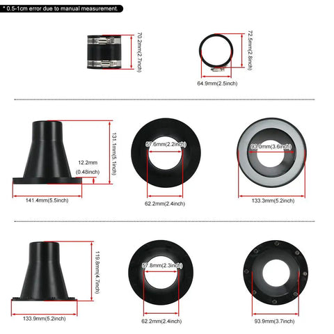 4 Inch And 2.5 Inch Magnetic Dust Collection Fittings Starter Kit For Shop Vac Hoses with detailed measurements and designs.