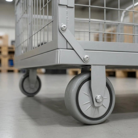 Beefed Up Heavy Duty Flatbed Wire Mesh Cart With Dual Handles And High Fence Sturdy Steel Construction Four Swivel Industrial Wheels Easy Haul For Steel Plates Up To 100 By 60 Heavy Load Trolley, close-up wheel and steel frame