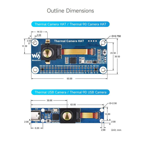 Outline dimensions of Long Wave Infrared Thermal Imaging Camera Module With 80x62 Pixel Array 45 Degree FOV.