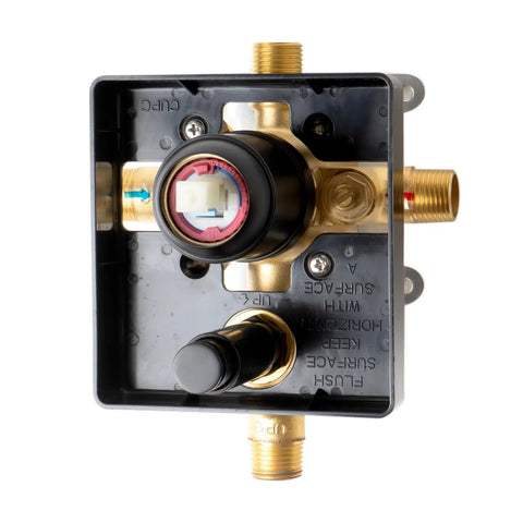 HomeStock Black Matte Shower Faucet System with Pressure Balance Valve showing internal mechanism and connectors.
