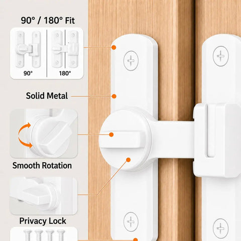Heavy Duty Zinc Alloy Door Latch With 90 And 180 Degree Swivel Mount featuring smooth rotation and privacy lock in white finish.