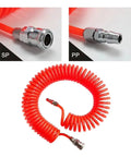 Heavy Duty Coiled Pneumatic Air Hose Reel That Retracts Like Magic To Tidy Up Workshop Messes Real Fast Plus Fits Most Standard Compressor Tools Like A Dream With Flexible Spiral Tube And Easy Plug Connections For Top Notch Airflow. Red coiled air hose with SP and PP metal connectors