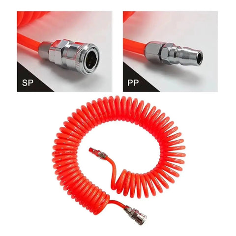 Heavy Duty Coiled Pneumatic Air Hose Reel That Retracts Like Magic To Tidy Up Workshop Messes Real Fast Plus Fits Most Standard Compressor Tools Like A Dream With Flexible Spiral Tube And Easy Plug Connections For Top Notch Airflow. Red coiled air hose with SP and PP metal connectors
