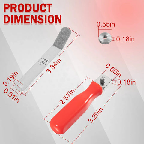 Front view of A308 offset valve tappet gauge set with red-handled 11-blade feeler gauge, sizes 0.004–0.014 in