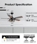 Product specifications of 46 Inch Ceiling Fan With Lights And Remote Control Dope Farmhouse Style, mounting options and rod lengths shown.