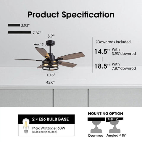 Product specifications of 46 Inch Ceiling Fan With Lights And Remote Control Dope Farmhouse Style, mounting options and rod lengths shown.